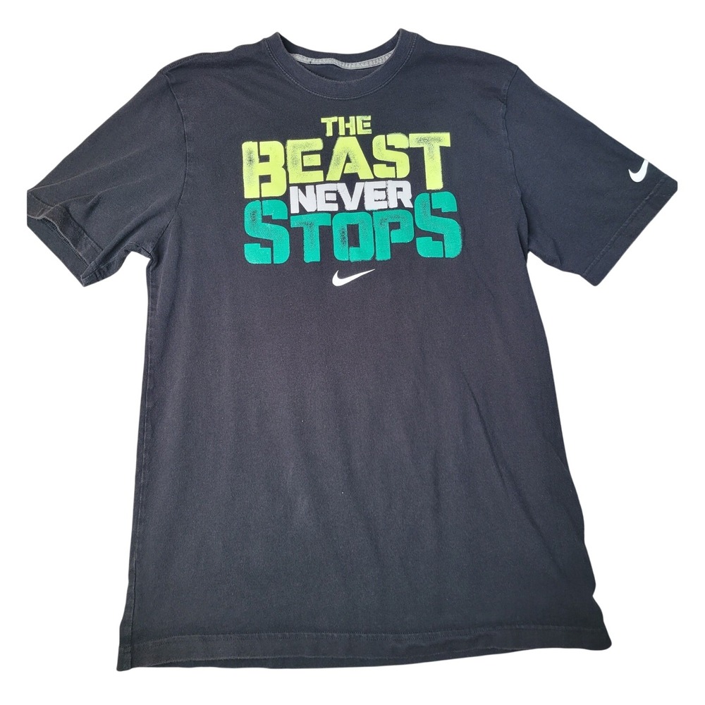 Nike T-Shirt Men L Black The Beast Never Stops Graphic Swoosh Logo Cotton Tee